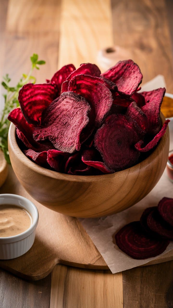 Chips de betterave dans un bol en bois.
