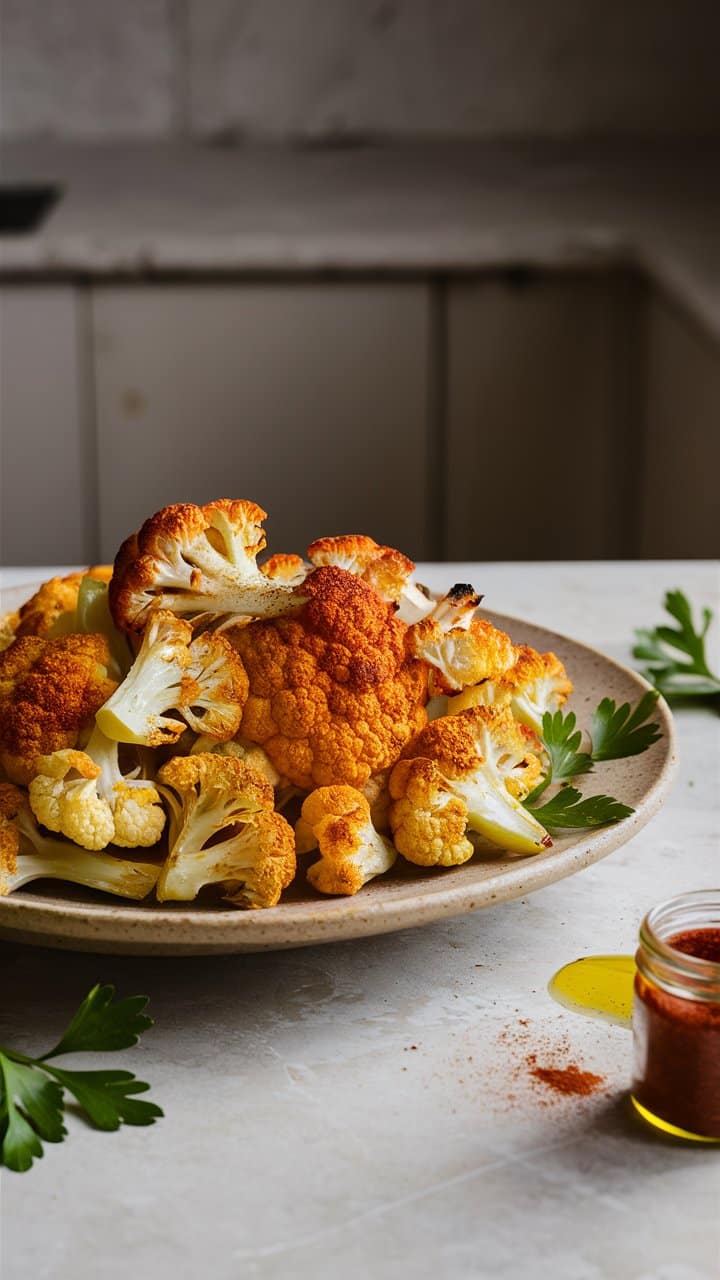 Chou-fleur grillé sur assiette avec épices et huile.