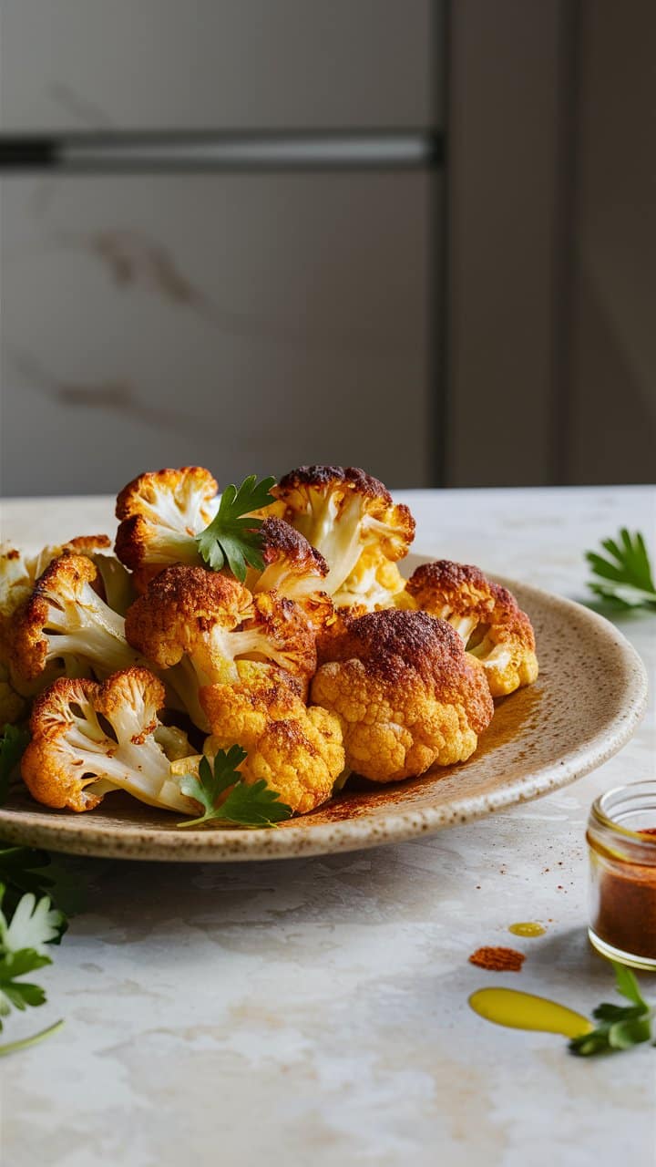 Chou-fleur rôti sur assiette avec persil.