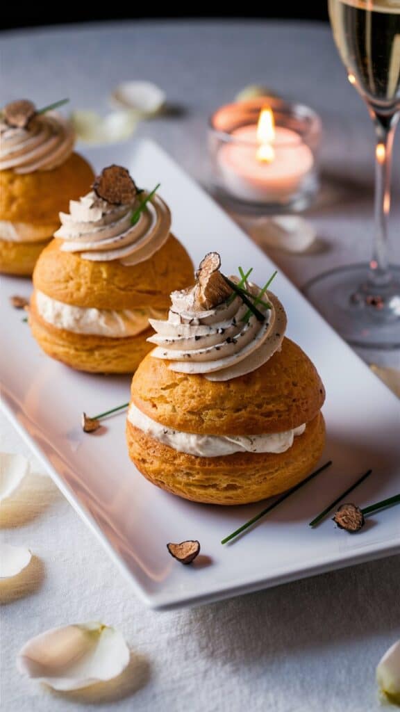 Choux à la crème et truffe sur assiette.