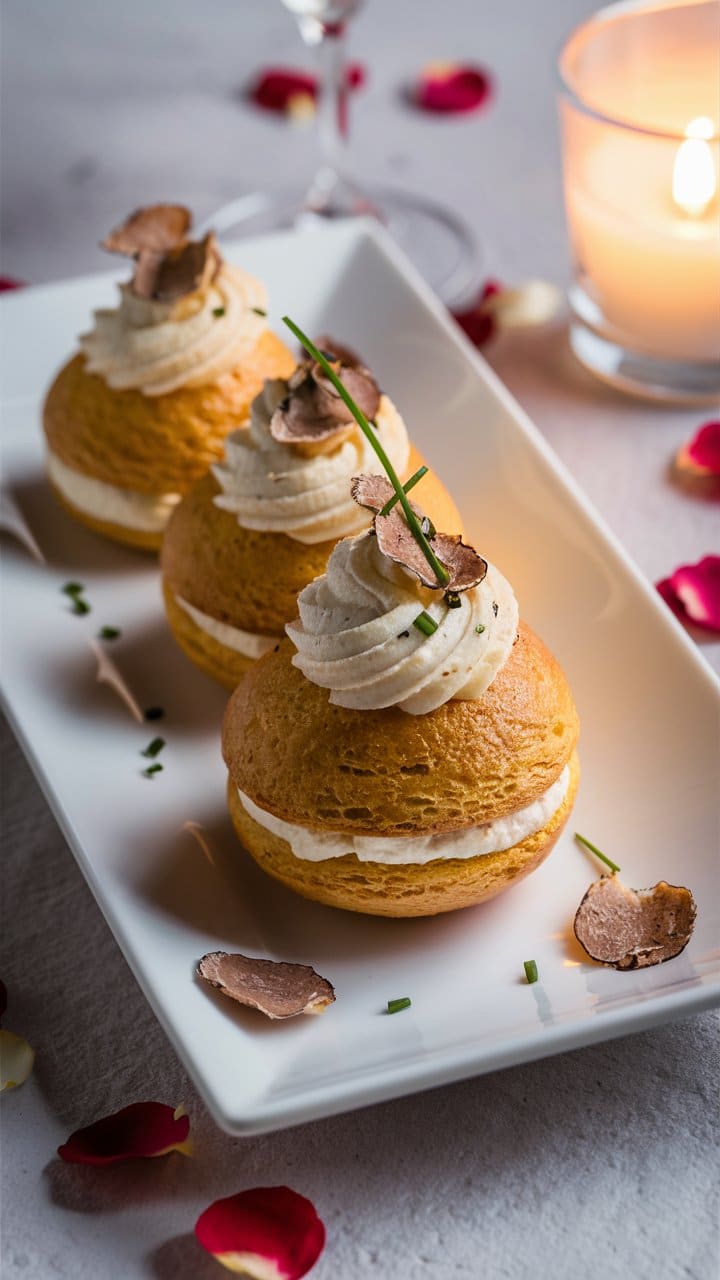 Profiteroles truffés avec chantilly, ambiance romantique.