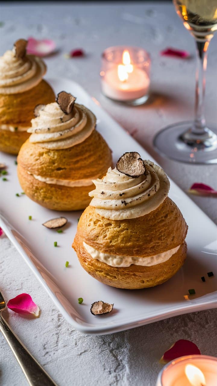 Choux à la crème avec truffe, bougie allumée.