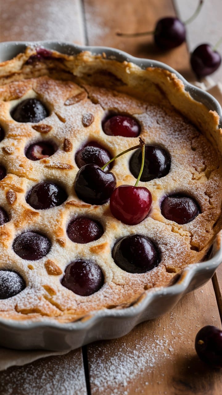 Clafoutis aux cerises, saupoudré de sucre glace.