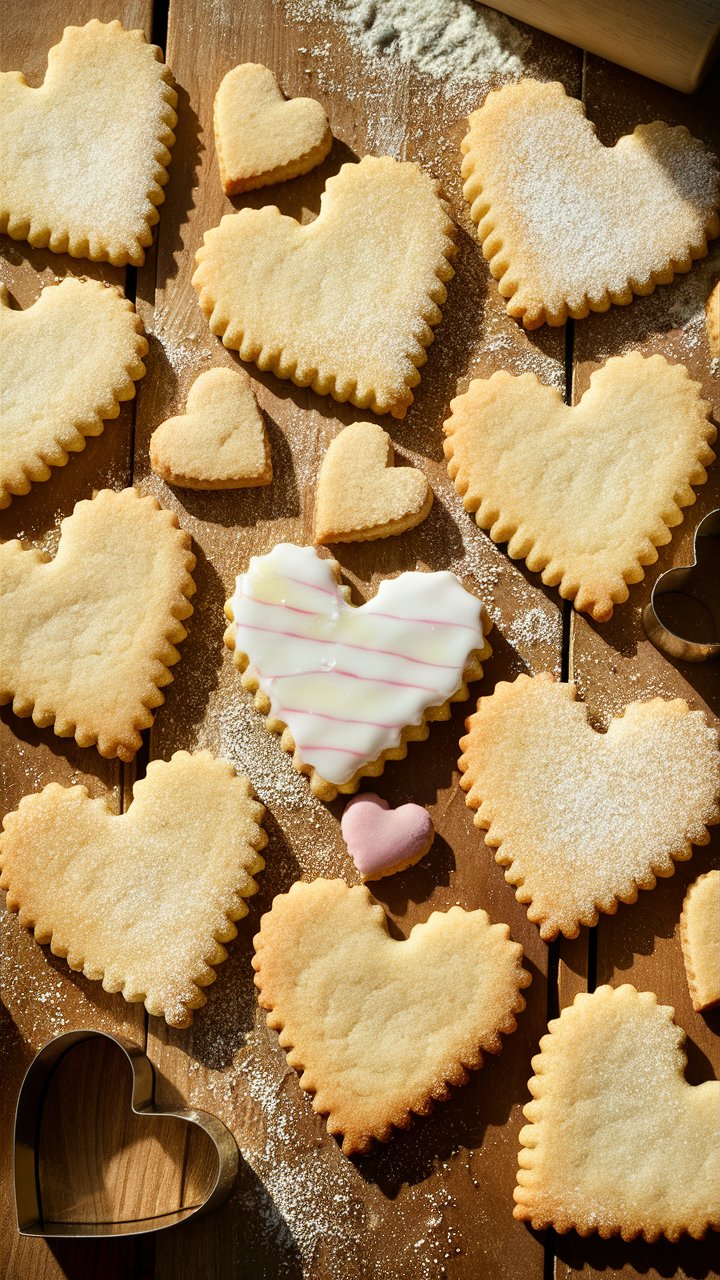 Biscuits en forme de cœur sur une table en bois.