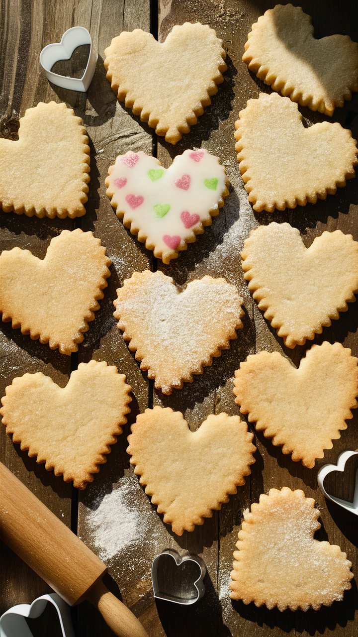 Biscuits en forme de cœur sur une table en bois.