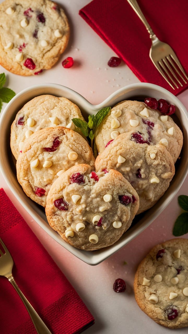 Cookies au chocolat blanc et cranberries dans un bol.
