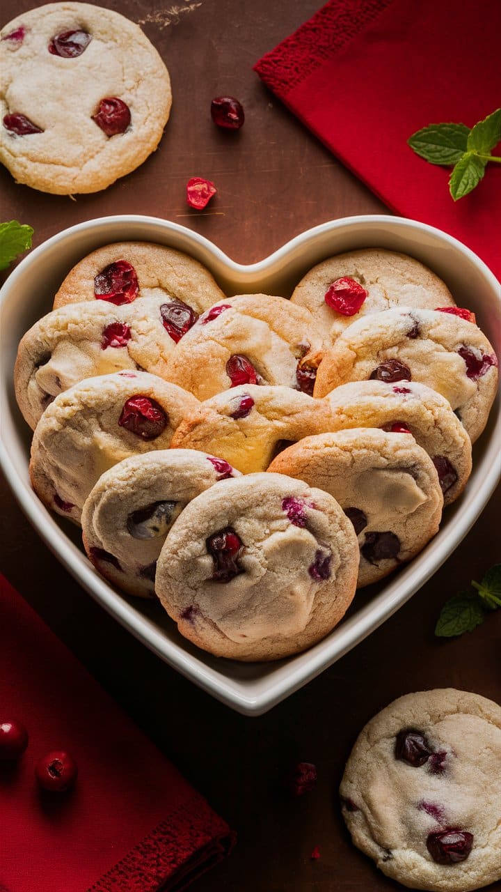 Biscuits aux cranberries dans un plat en cœur.