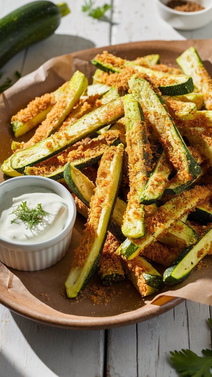 Bâtonnets de courgette panés avec sauce au yaourt.