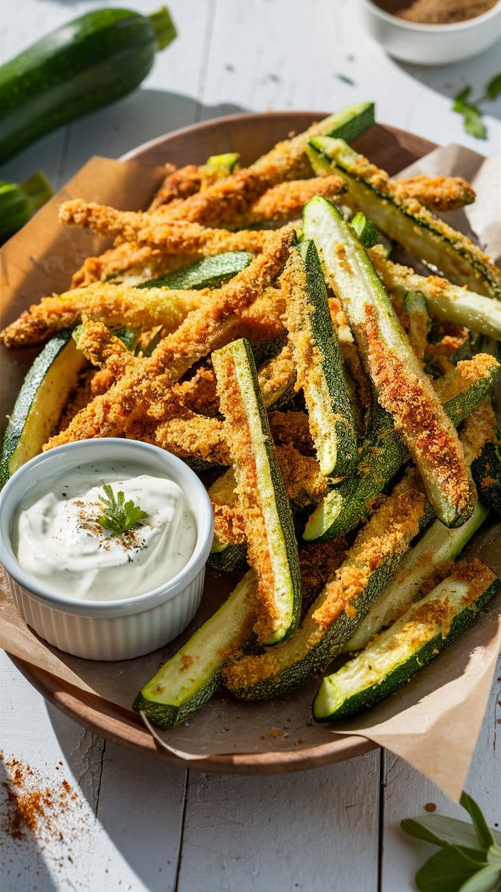 Frites de courgettes panées avec sauce blanche.