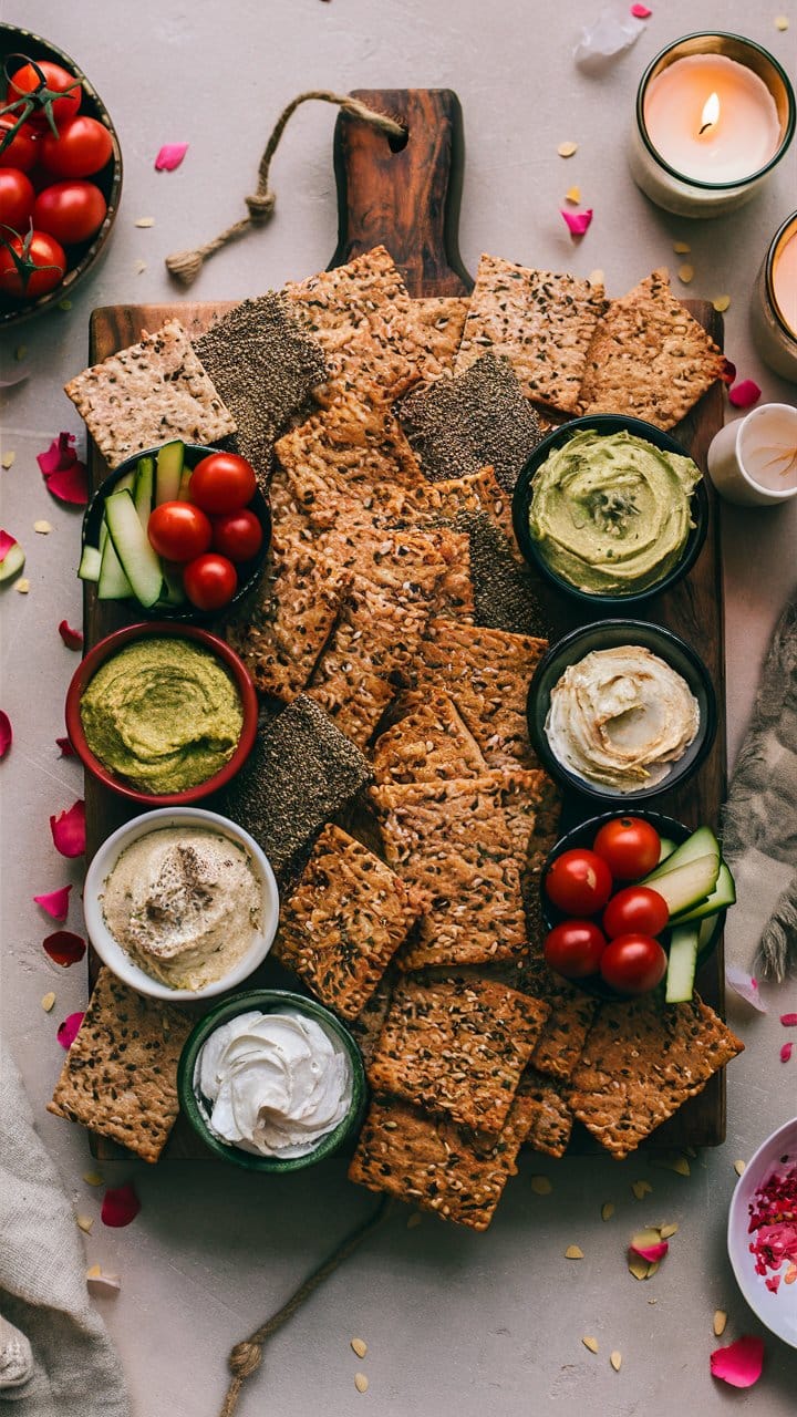 Plateau de crackers et tartinades avec légumes.