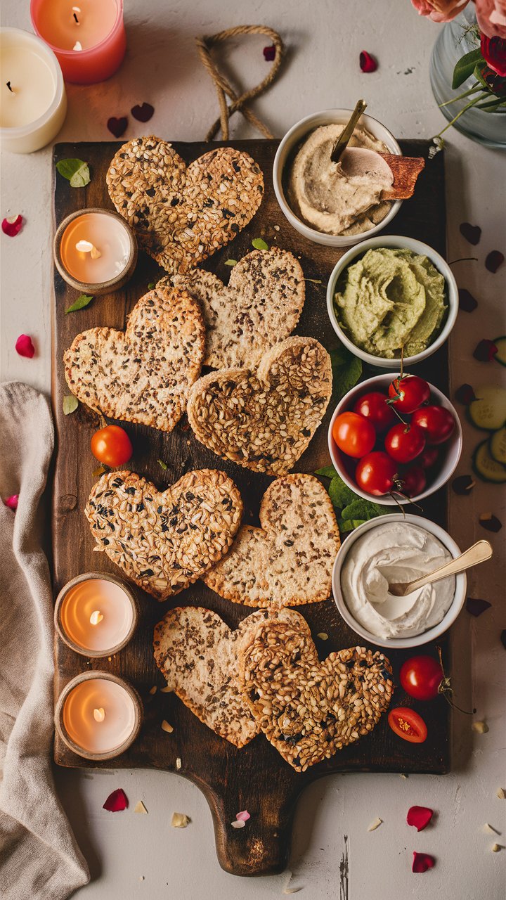 Pain en forme de cœur avec dips et tomates.