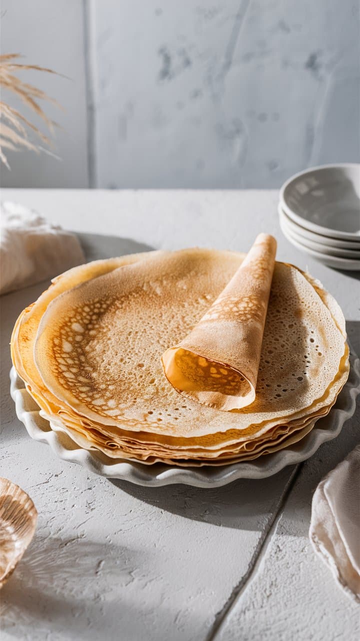 Pile de crêpes sur assiette en céramique blanche.
