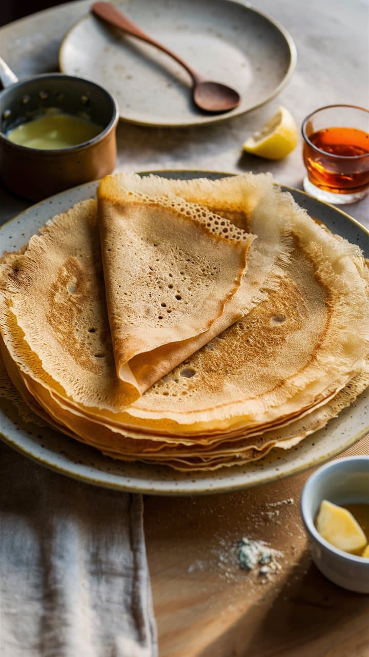 Assiette de crêpes maison avec accompagnements.