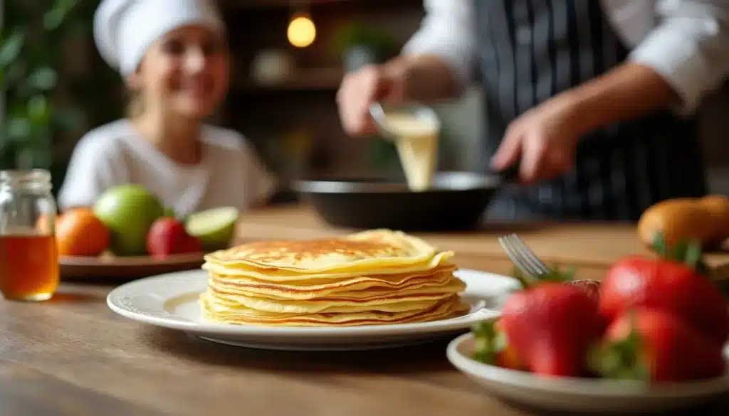 Pancakes et fruits frais sur la table.