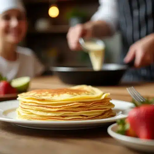 Pancakes et fruits frais sur la table.