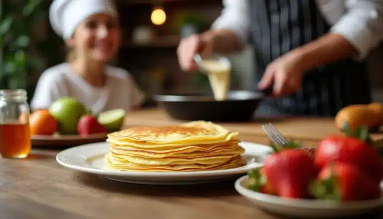 Pancakes et fruits frais sur la table.
