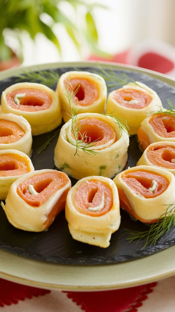 Roulés de saumon et crêpes sur assiette noire.