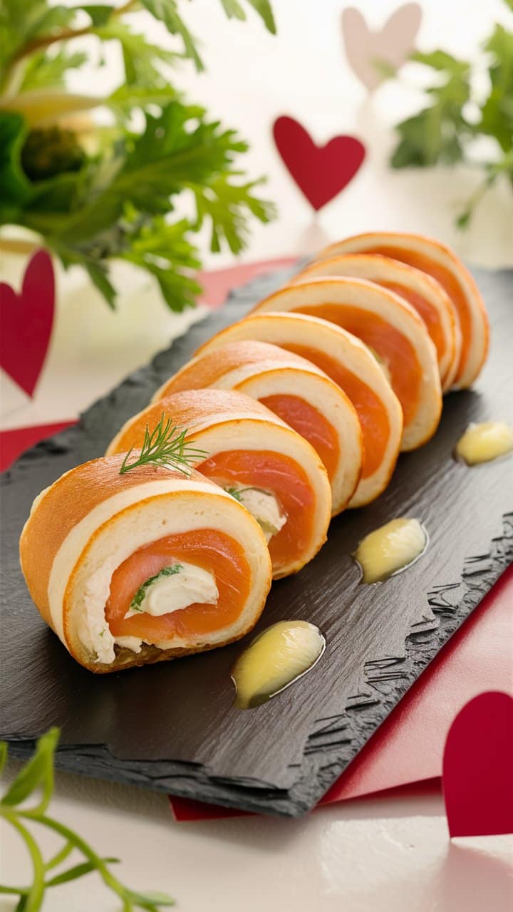 Roulés de saumon et fromage sur ardoise.