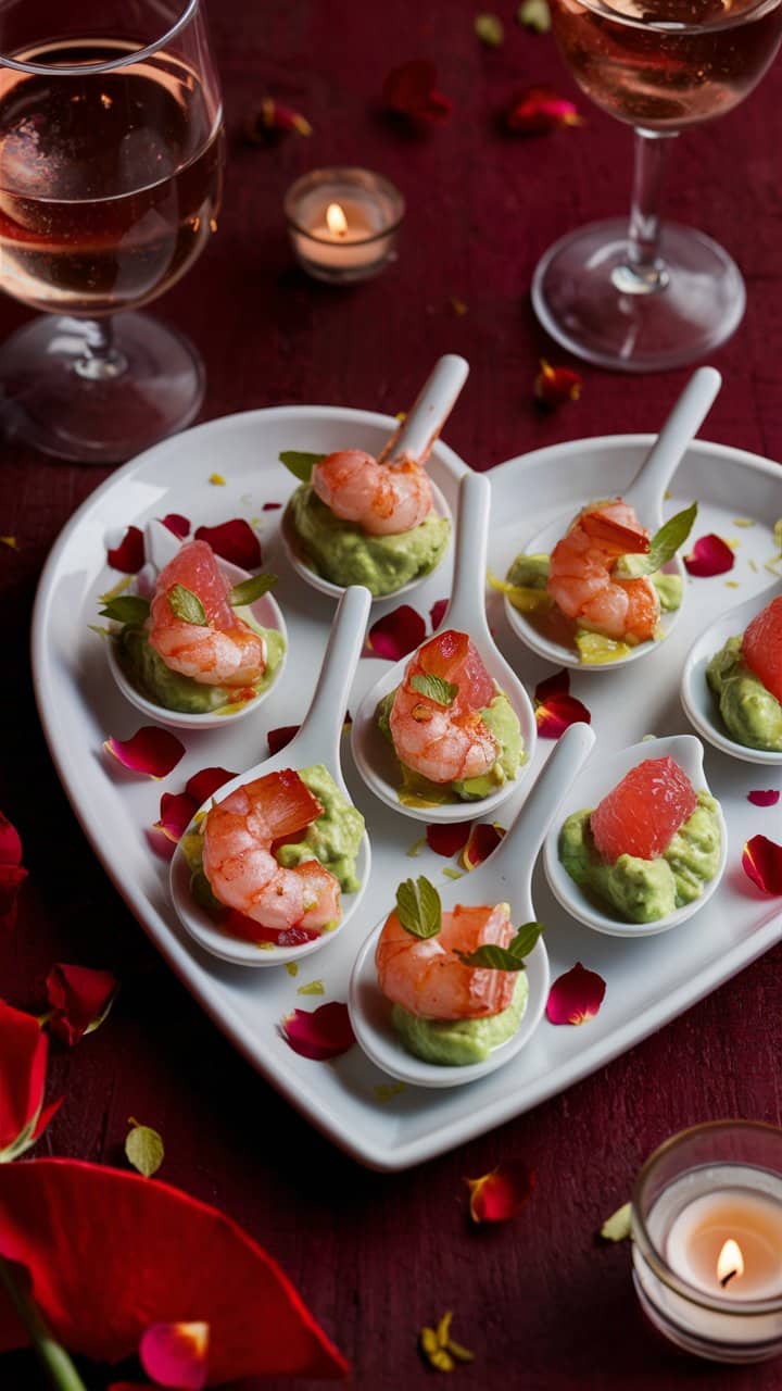Cuillères apéritives crevettes, avocat et pamplemousse.