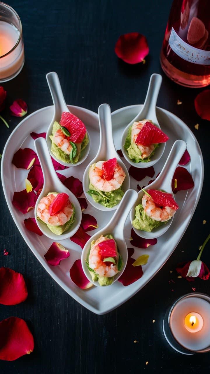 Verrines crevettes avocat sur plateau cœur.