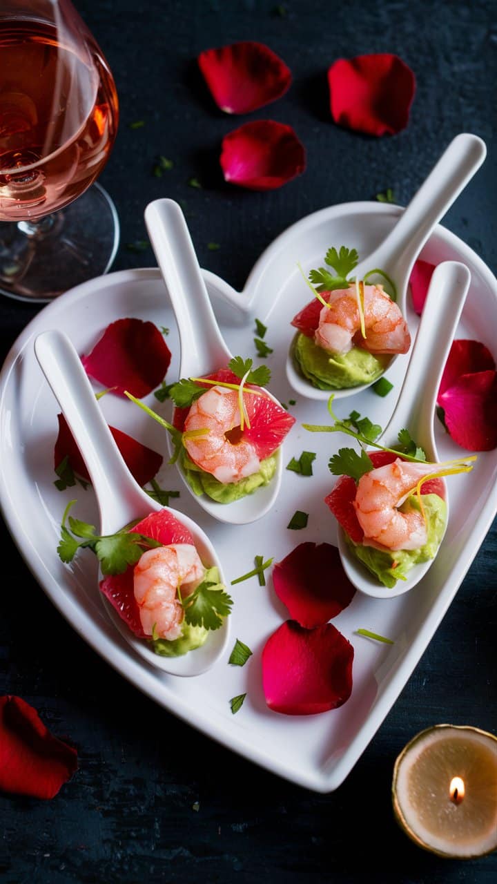 Hors-d'œuvre crevettes avocat sur assiettes cuillères blanches.