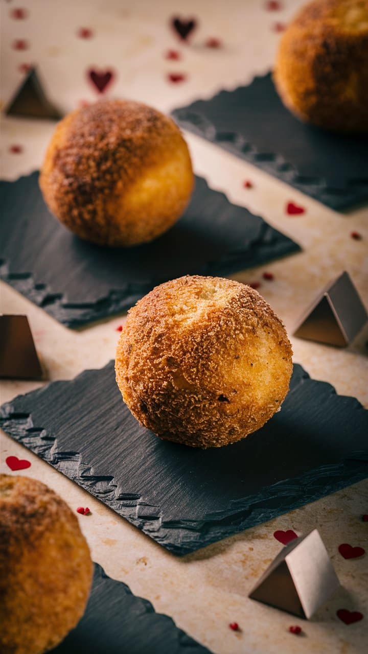 Boulettes croustillantes sur ardoise avec décorations cœur.