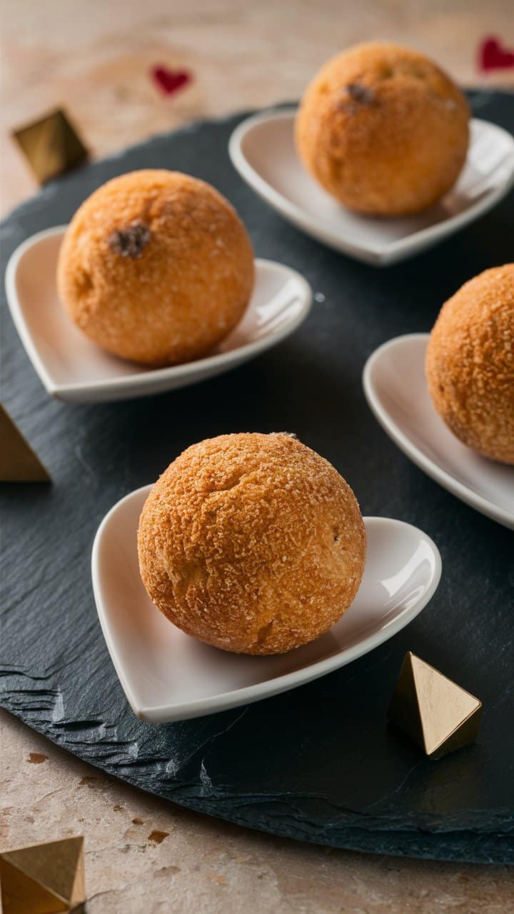 Boules frites sur assiettes en forme de cœur.