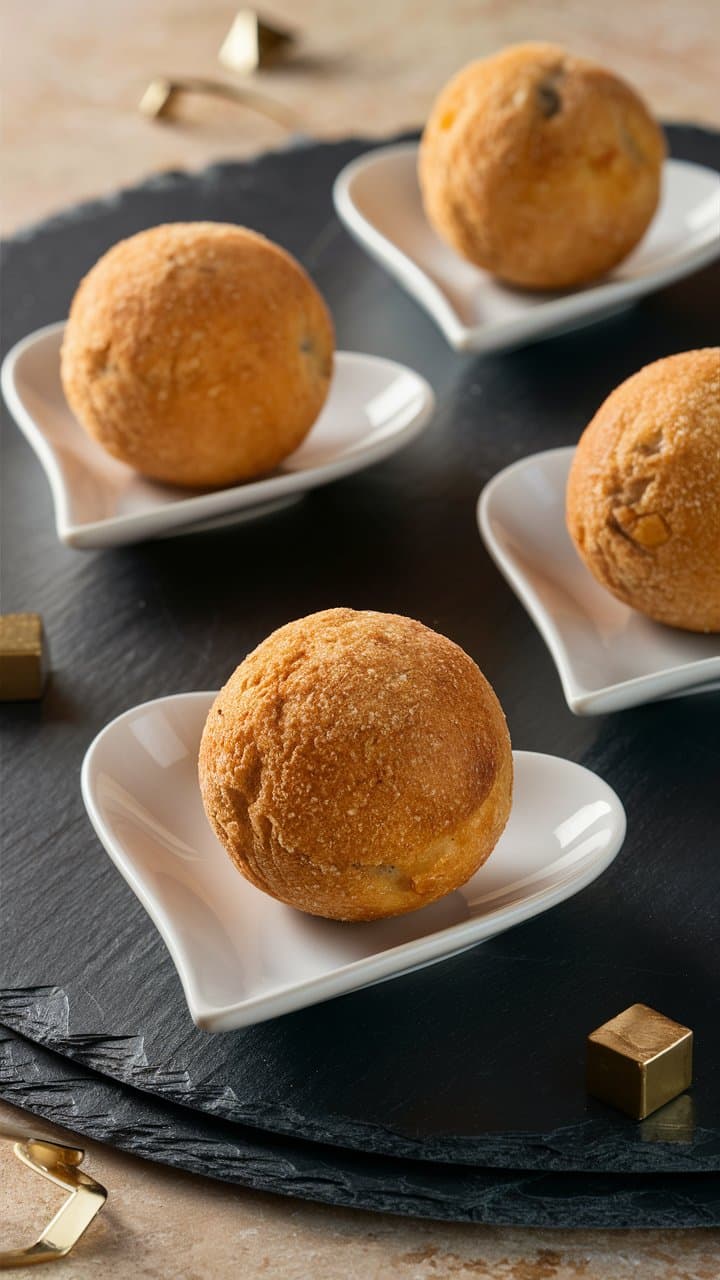 Boulettes dorées sur assiettes en forme de cœur.
