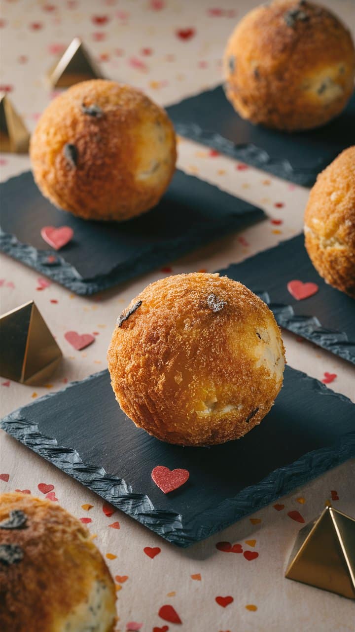 Boule croustillante sur ardoise noire avec décorations.