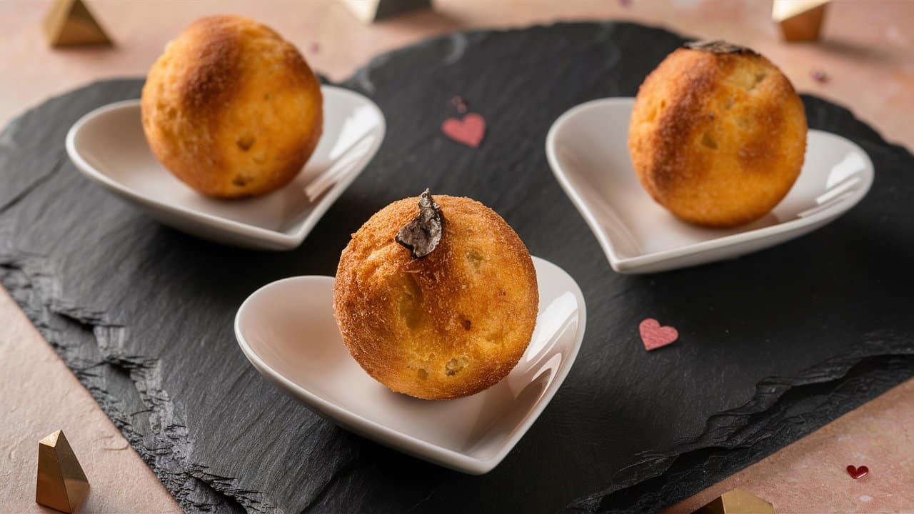 Trois beignets dorés sur assiettes en forme de cœur.
