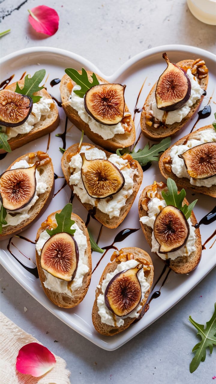 Bruschettas aux figues et fromage sur plateau blanc.
