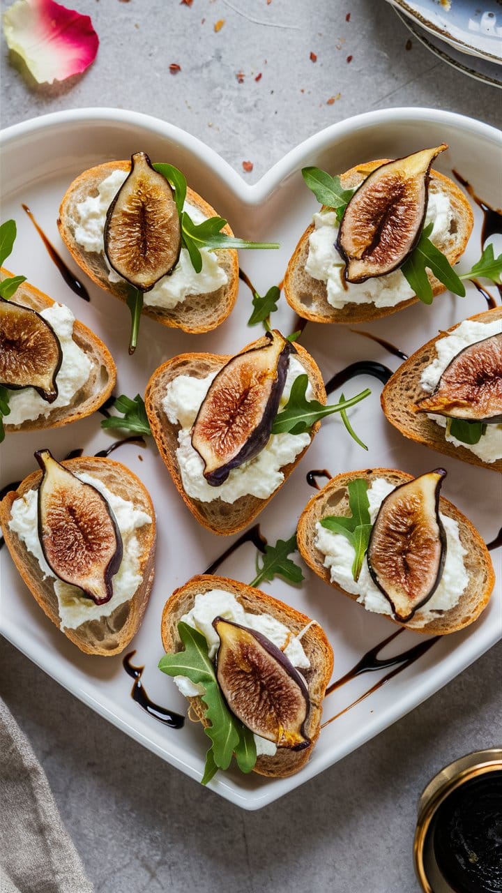 Bruschetta figues, fromage, roquette, assiette en cœur.