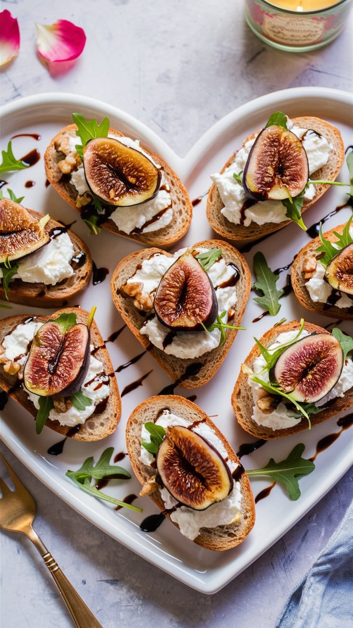 Tartines figues, fromage frais et roquette sur assiette cœur.