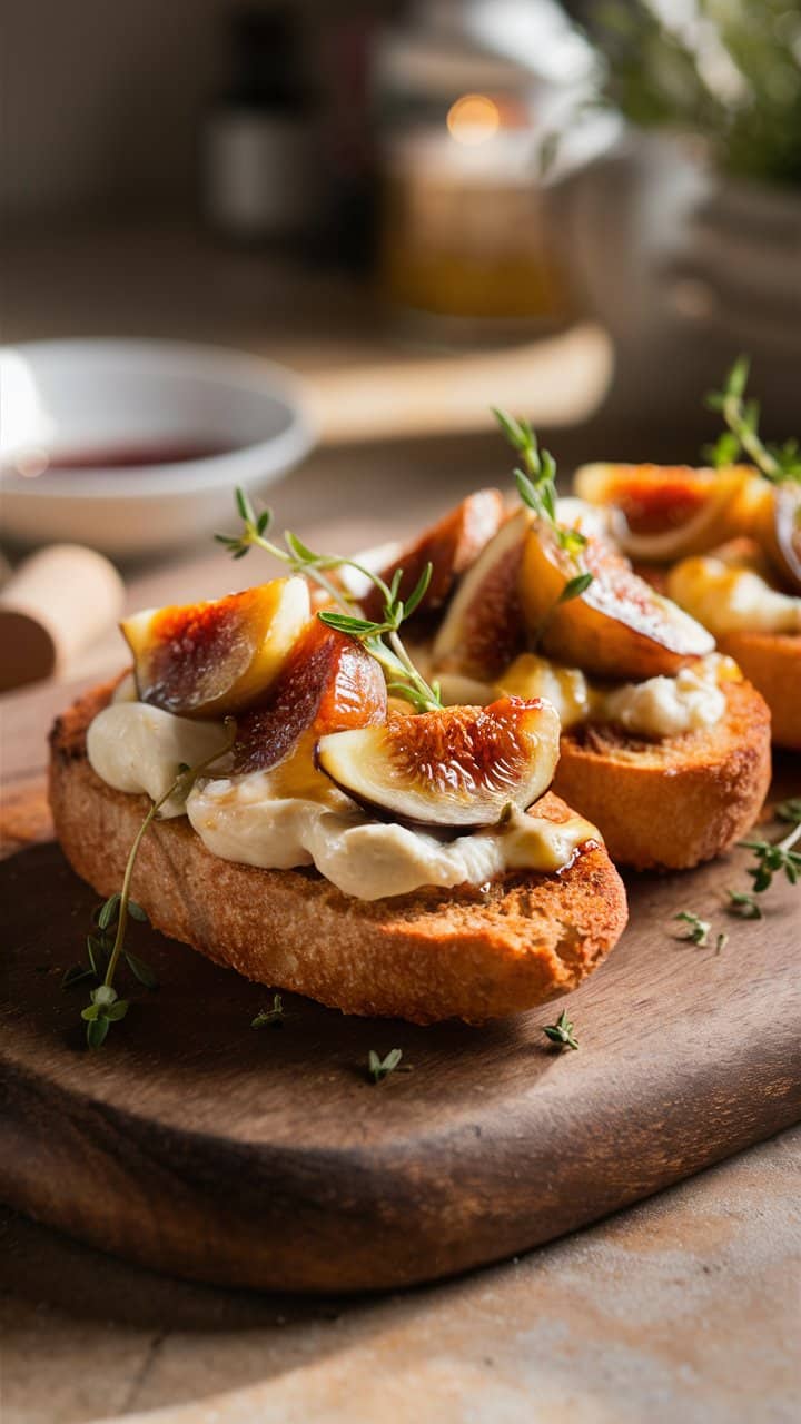 Tartines figues et fromage frais sur planche bois.