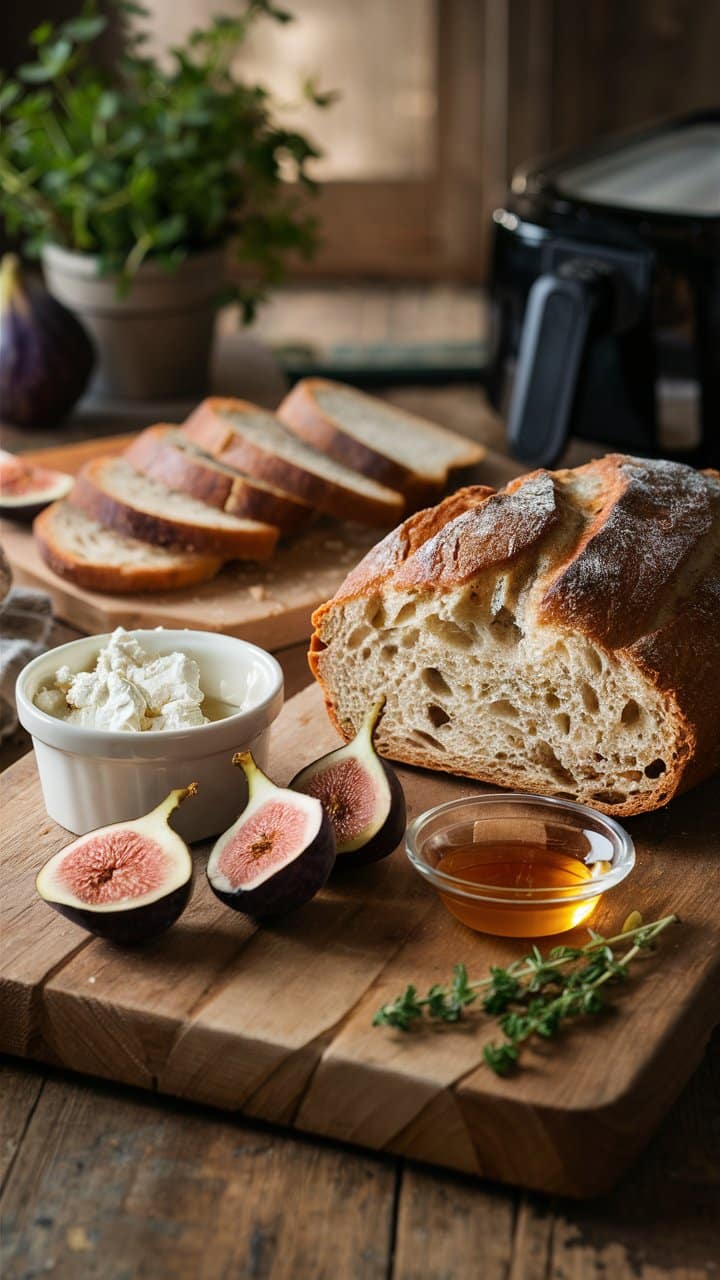 Pain, figues, fromage et miel sur planche bois.