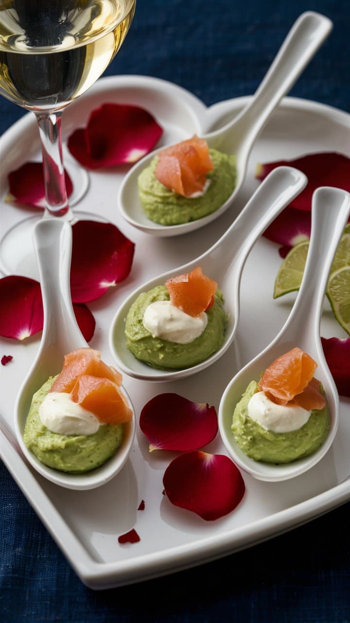 Cuillères apéritives au saumon et mousse verte.