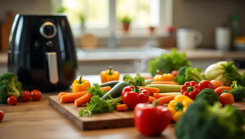 Légumes frais sur planche, friteuse visible.