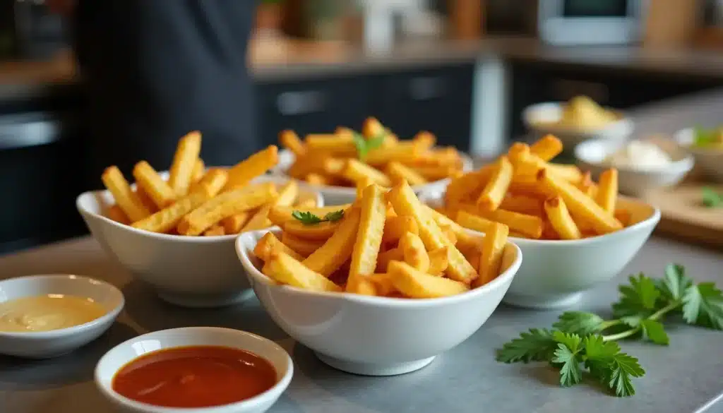 Frites croustillantes dans des bols avec sauces.