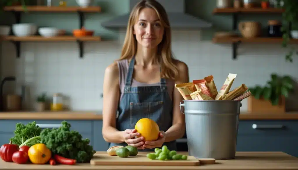 Femme en cuisine avec légumes et produits emballés.