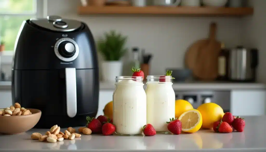 Cuisine avec airfryer, yaourts, fruits et amandes.
