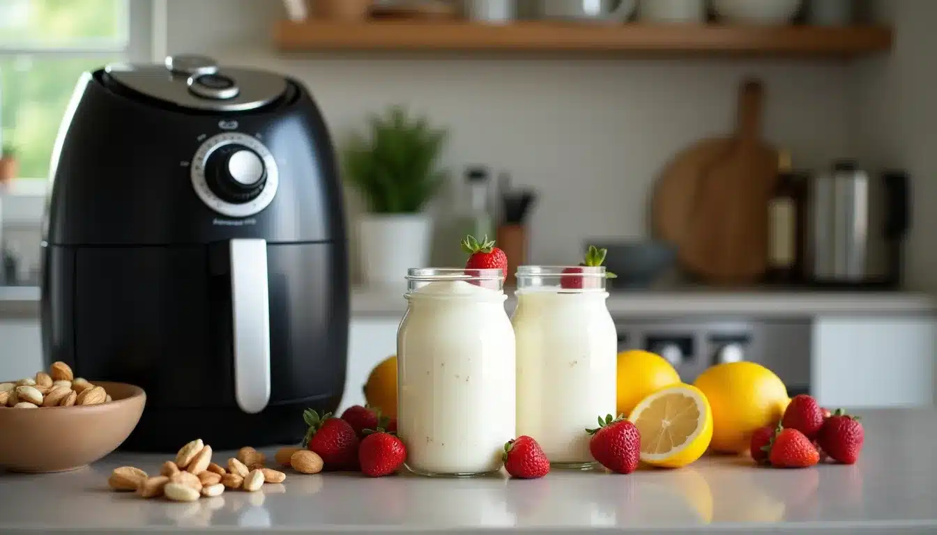 Cuisine avec airfryer, yaourts, fruits et amandes.