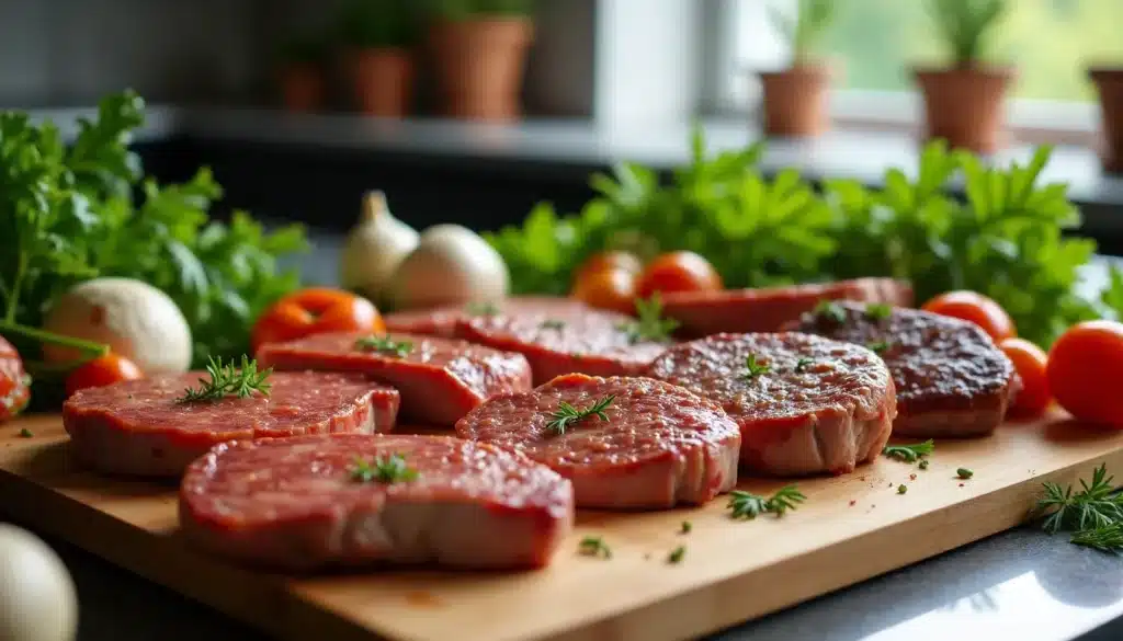 Tranches de viande et légumes frais sur planche
