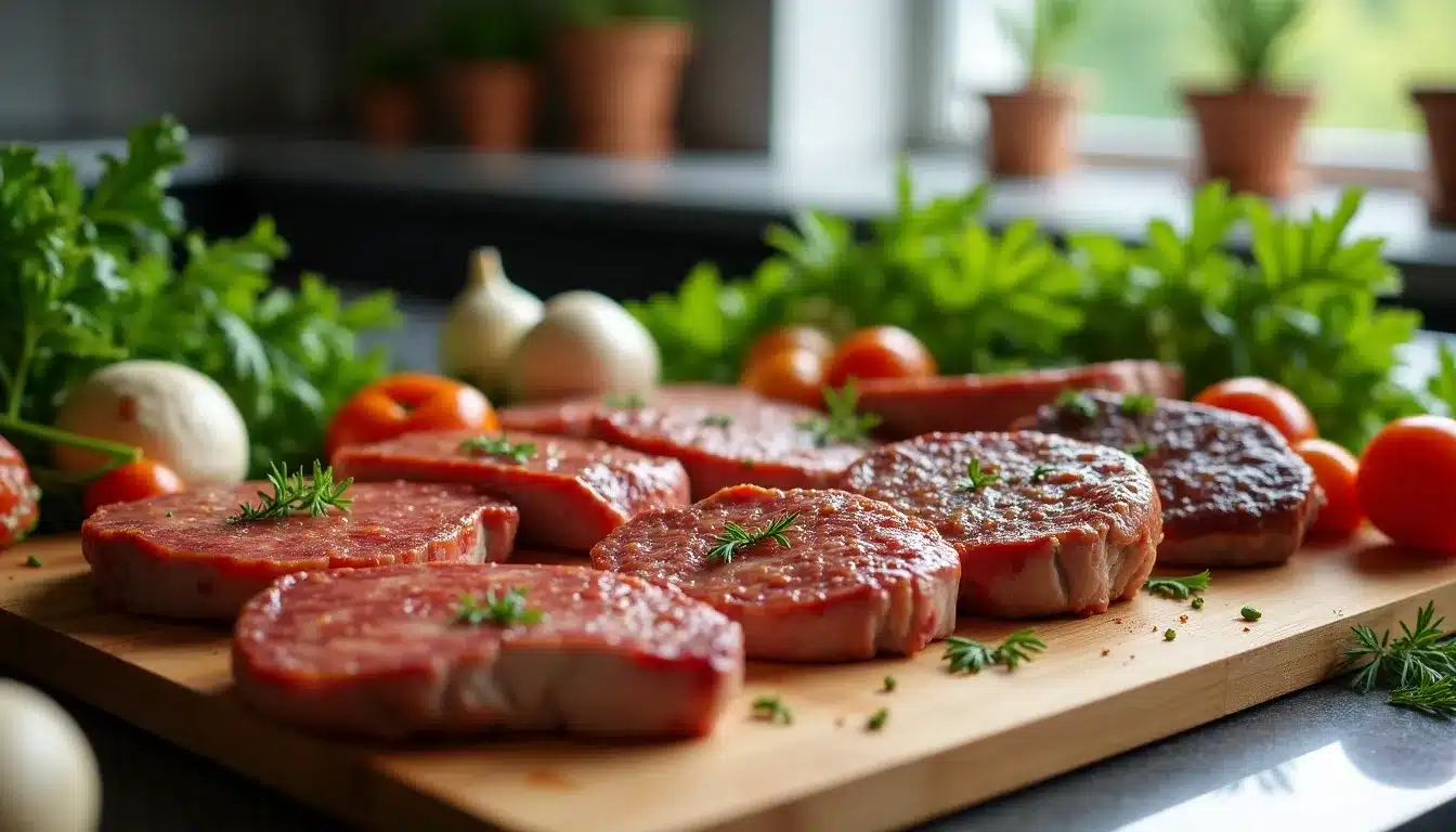 Tranches de viande et légumes frais sur planche
