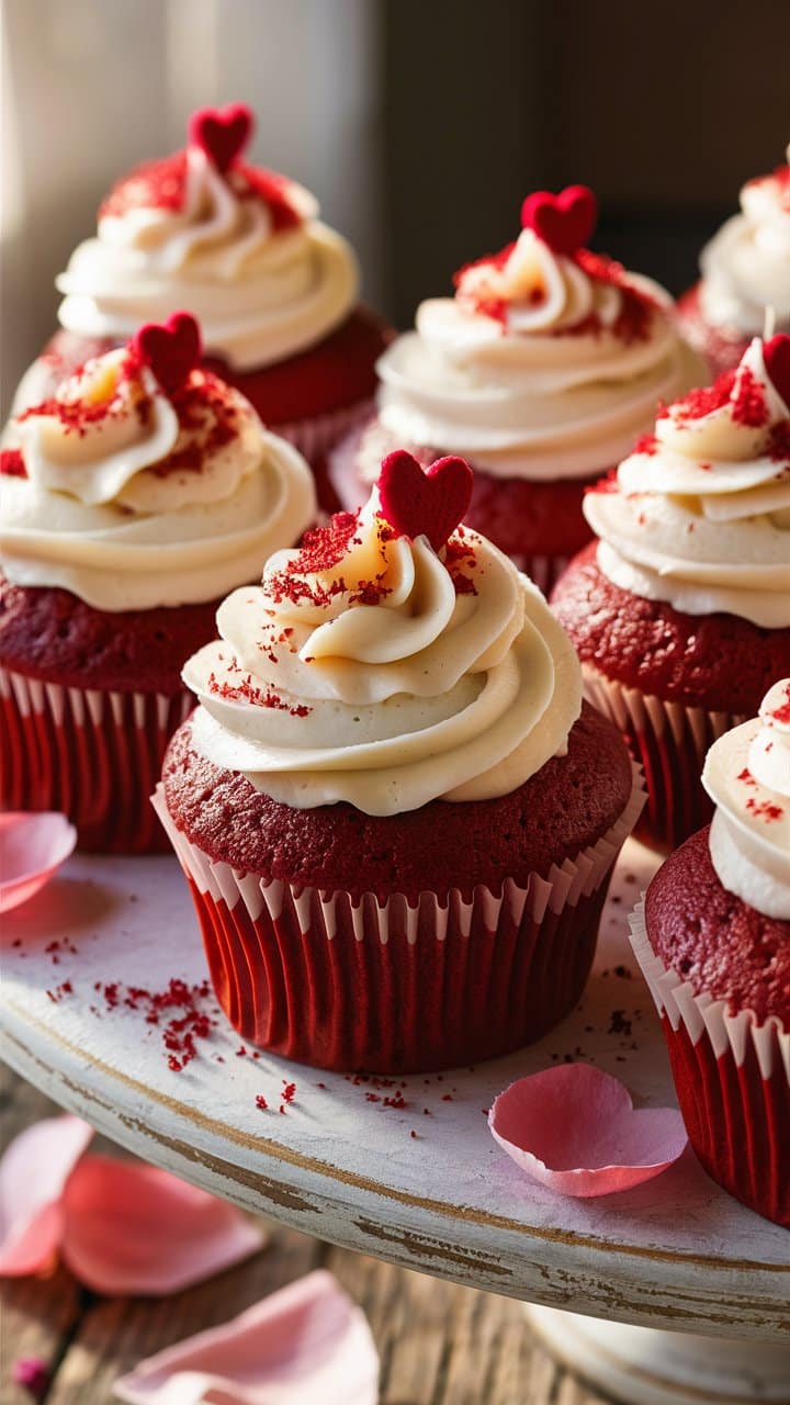 Cupcakes rouges avec glaçage et décorations cœur.