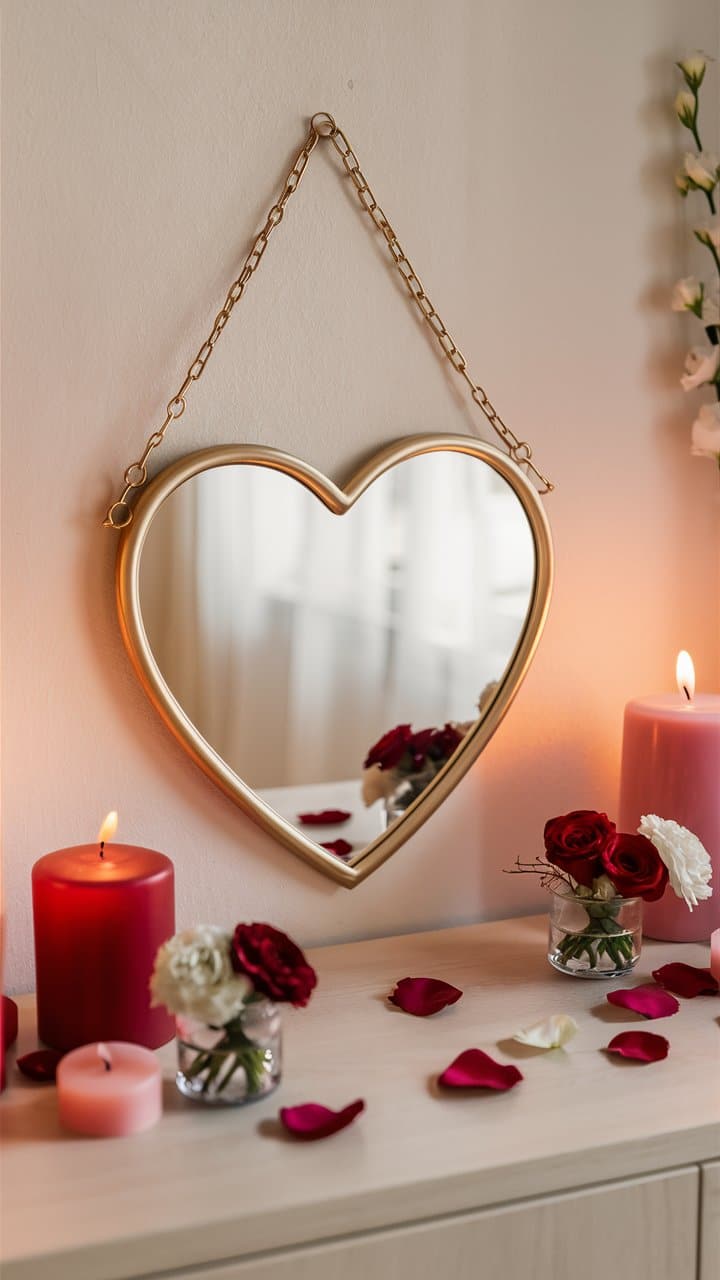 Miroir cœur avec bougies et pétales de roses