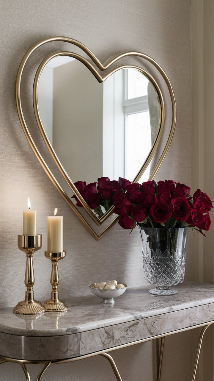 Miroir cœur, bougies, roses rouges sur console.