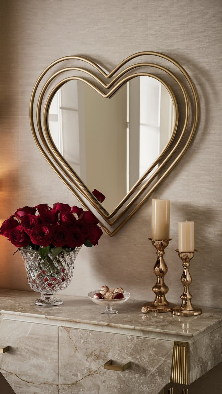 Miroir cœur doré au-dessus d'une commode décorée.