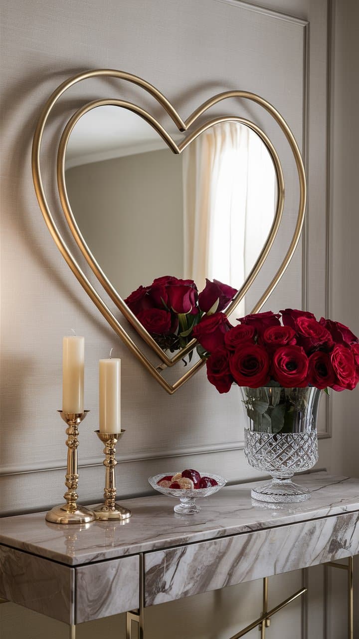 Miroir cœur doré, roses rouges et bougies blanches.