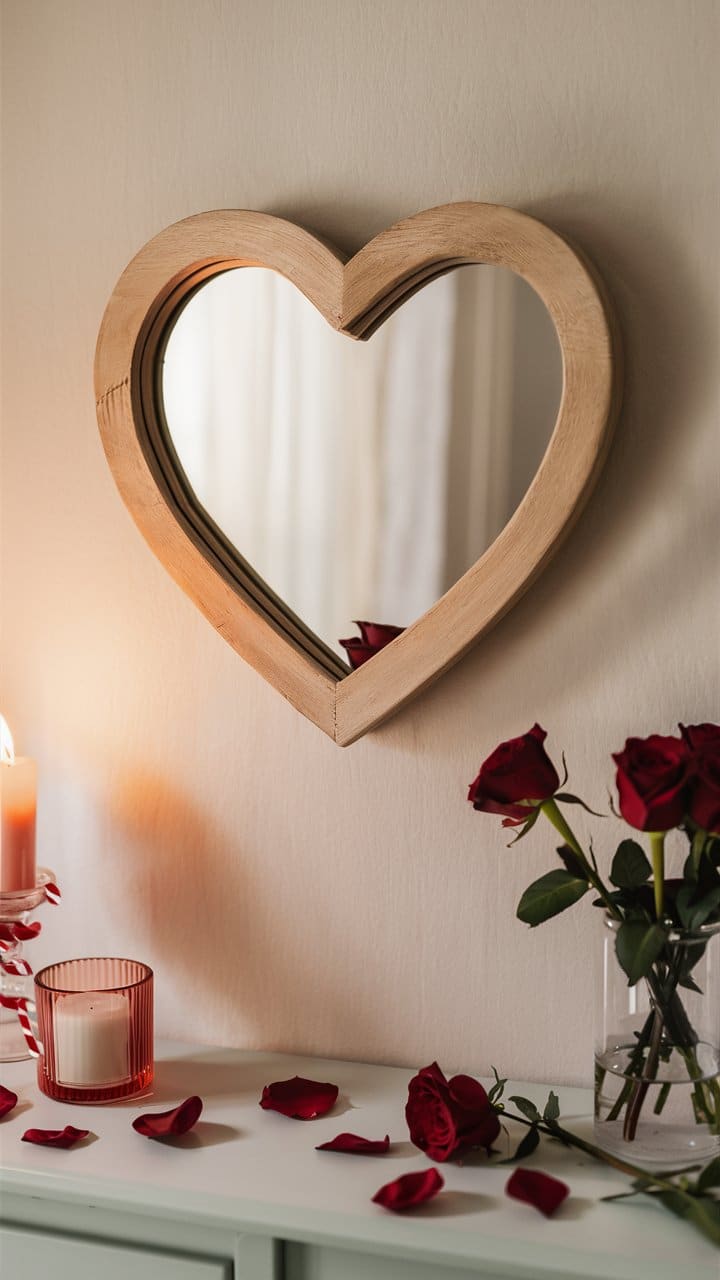 Miroir en cœur avec roses et bougie.