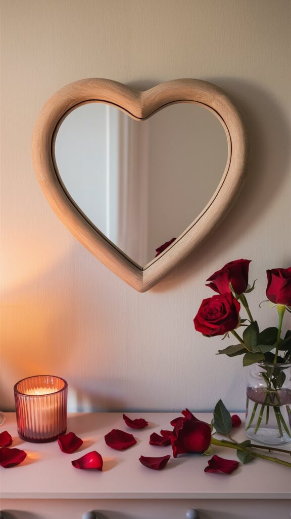 Miroir cœur avec roses et bougie.